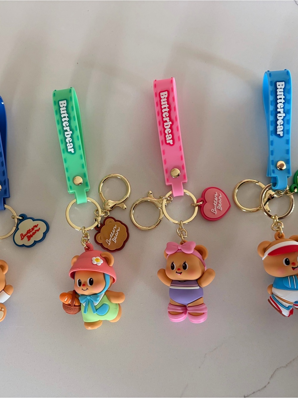 Adorable Butter Bear Keychain Set, Pink, Green, Blue Straps - Series 2 FULL SET